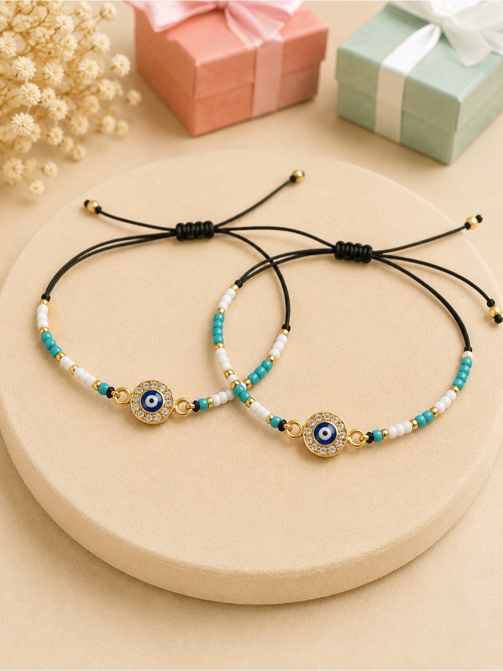 Adjustable Evil Eye Beaded Bracelet - Turquoise & White (2 pack )